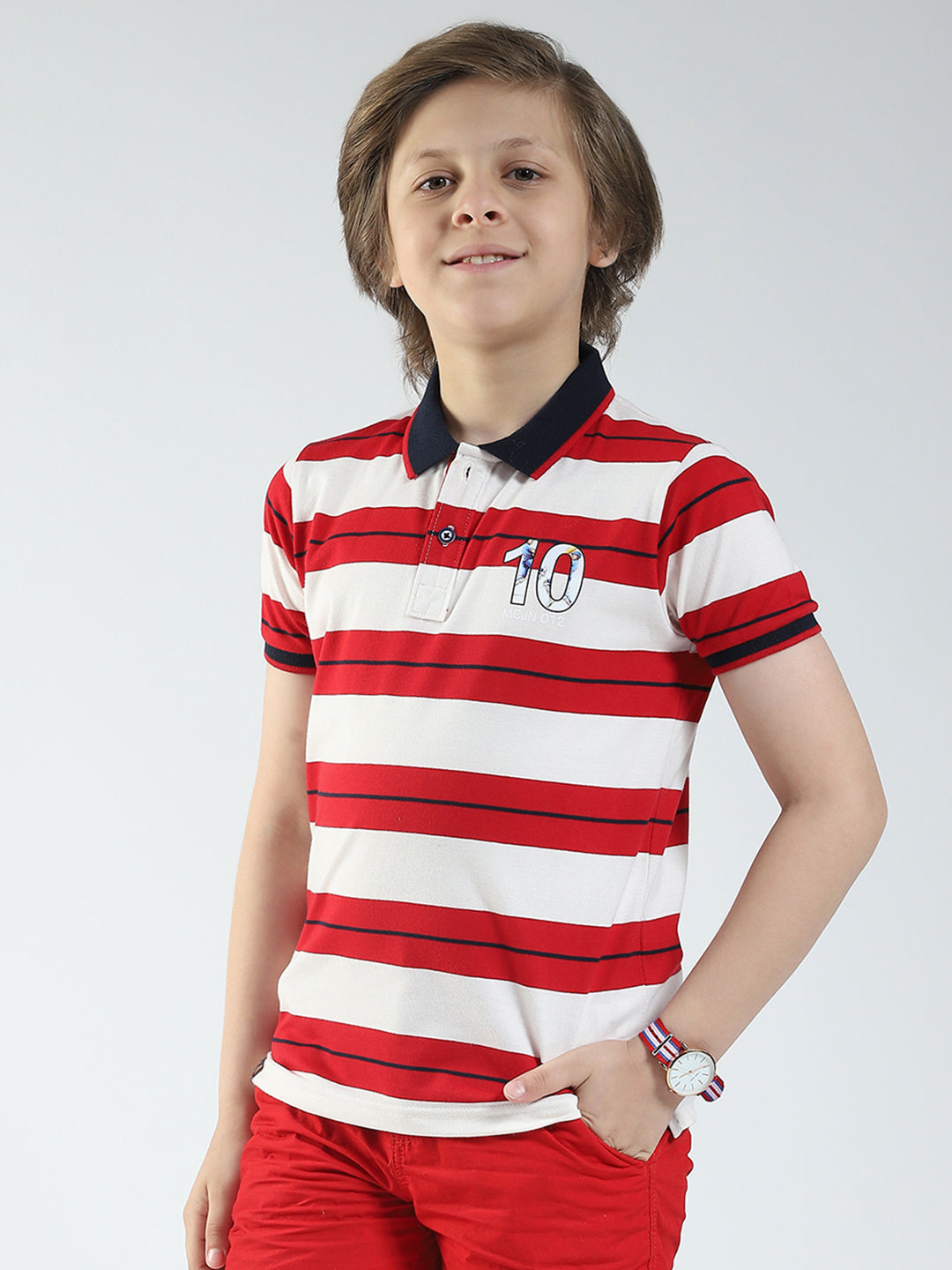 Boys Red Stripe Collar Half Sleeve T-Shirt