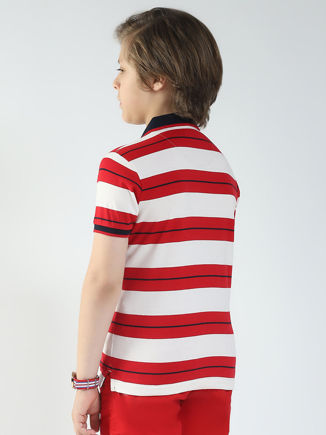 Boys Red Stripe Collar Half Sleeve T-Shirt