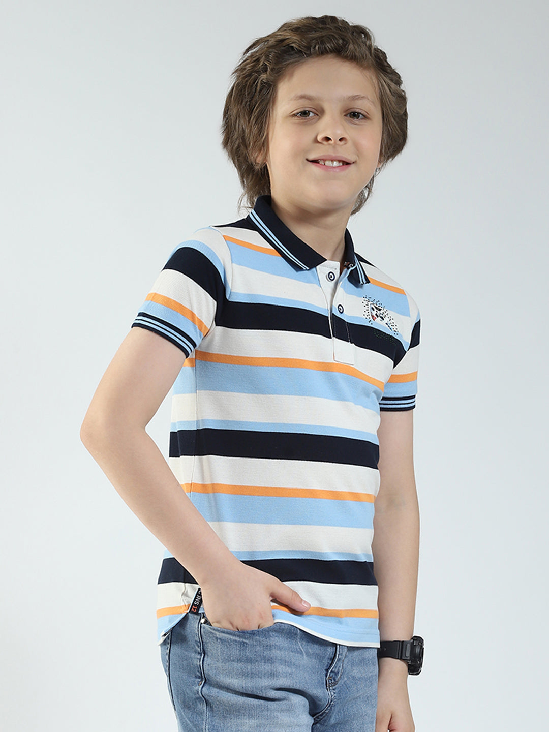 Boys Sky Blue Stripe Collar Half Sleeve T-Shirt