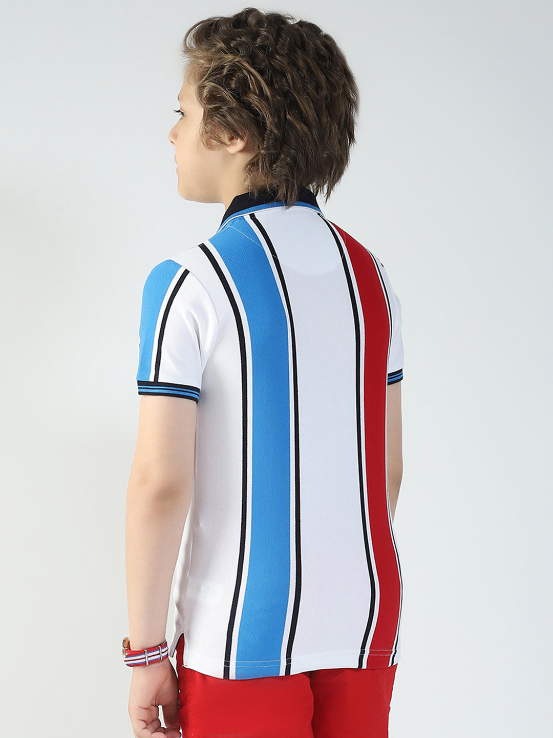 Boys White Stripe Collar Half Sleeve T-Shirt