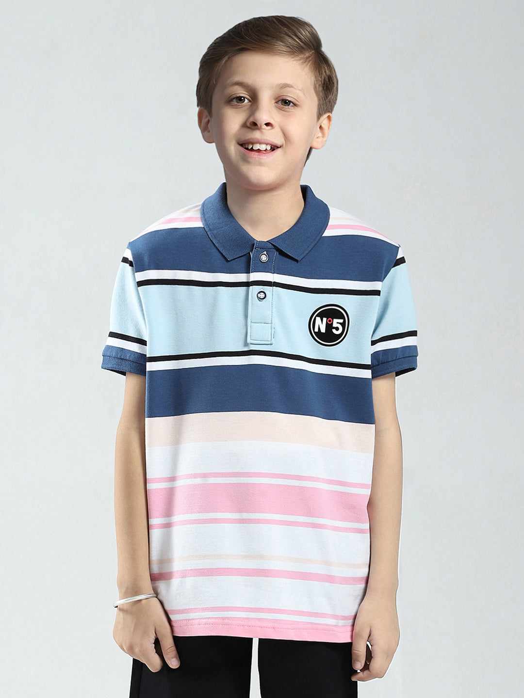 Boys Blue & Pink Stripe Collar Half Sleeve T-Shirt