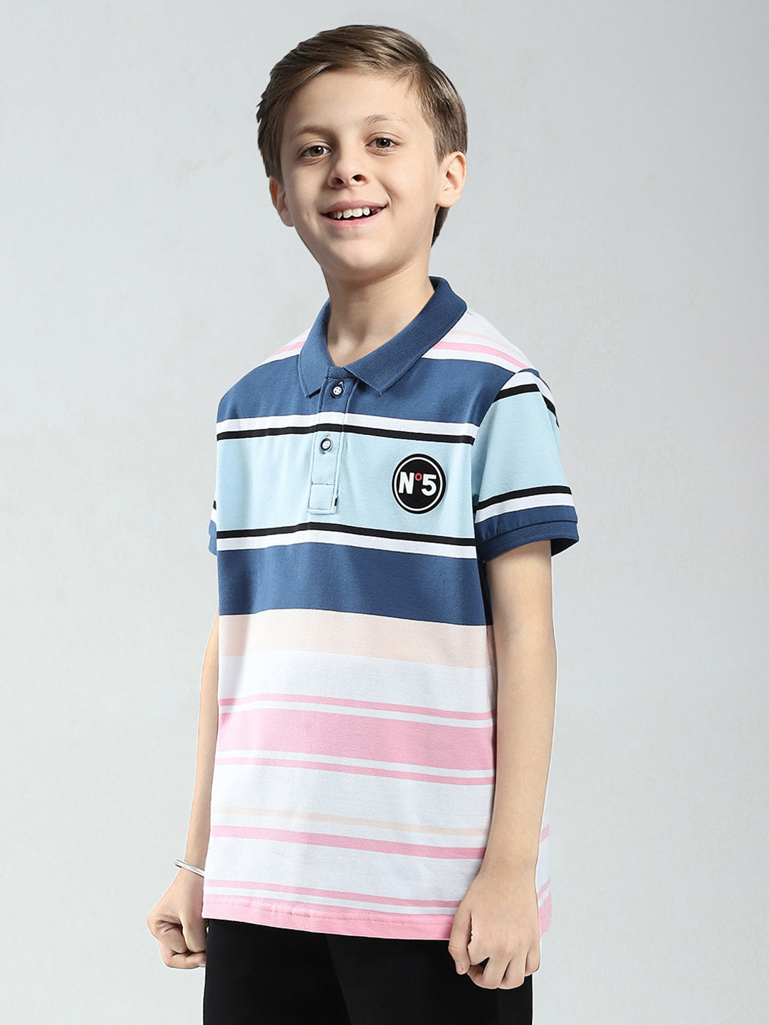 Boys Blue & Pink Stripe Collar Half Sleeve T-Shirt