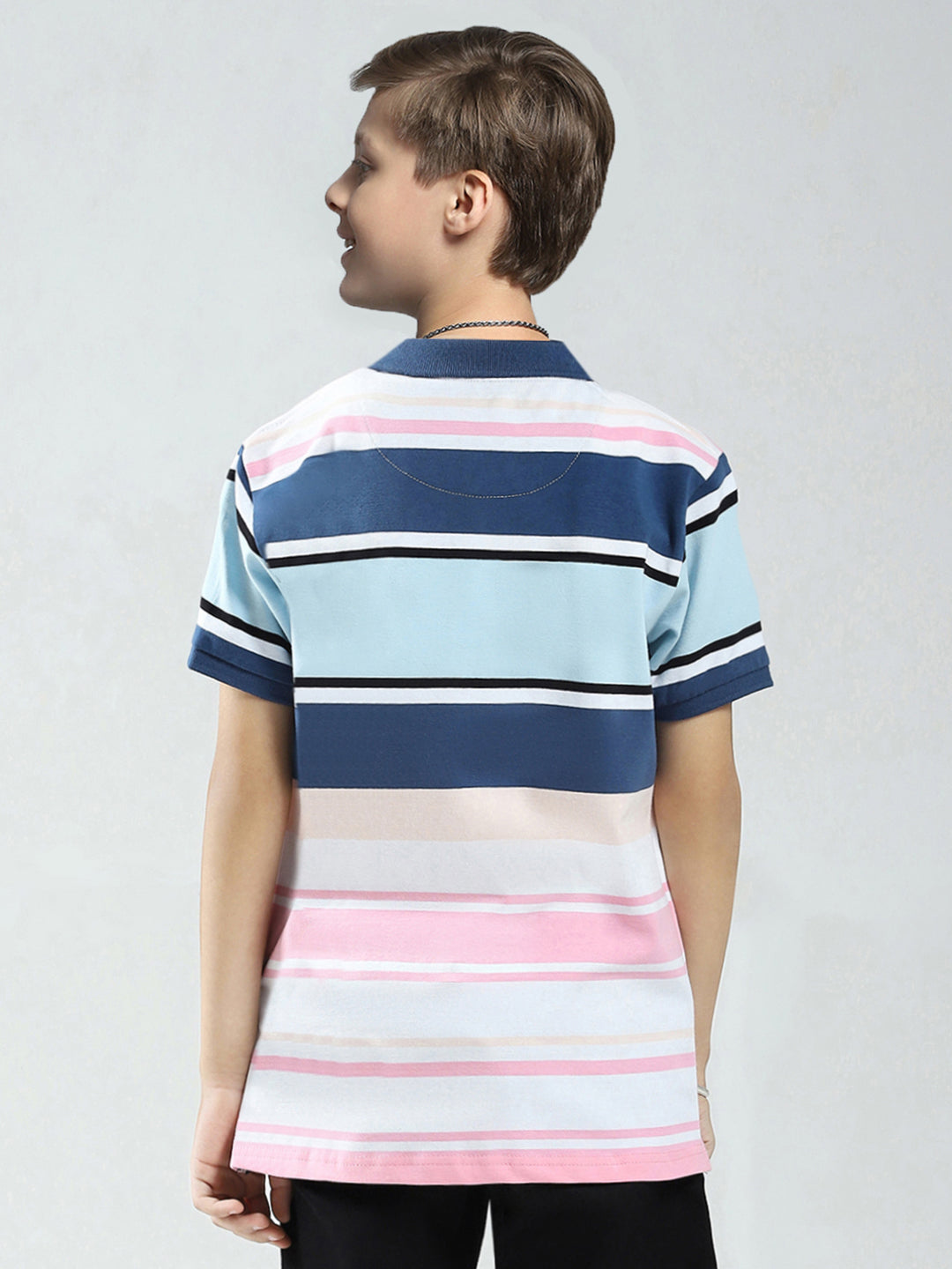 Boys Blue & Pink Stripe Collar Half Sleeve T-Shirt