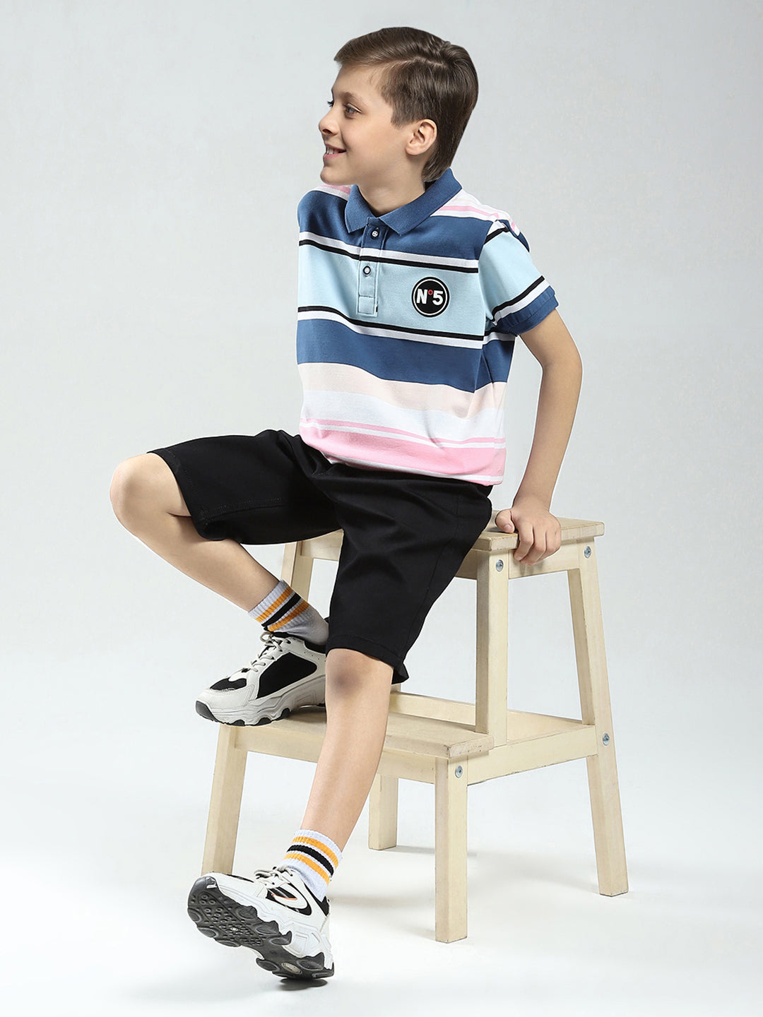Boys Blue & Pink Stripe Collar Half Sleeve T-Shirt