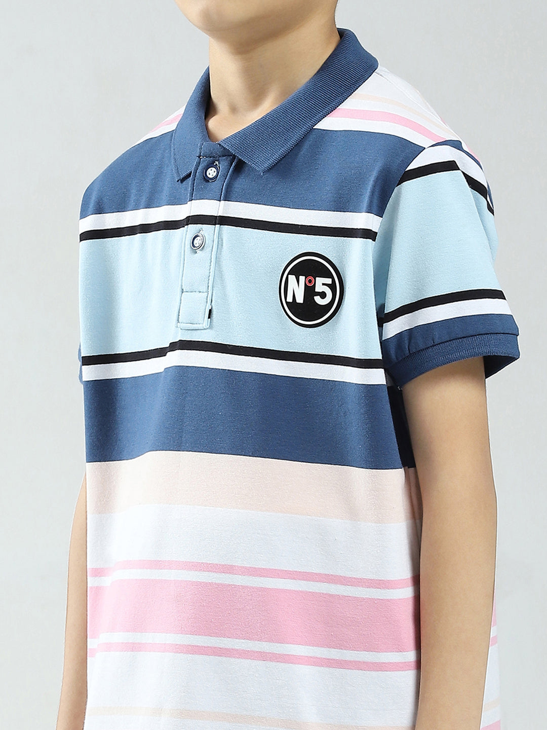 Boys Blue & Pink Stripe Collar Half Sleeve T-Shirt