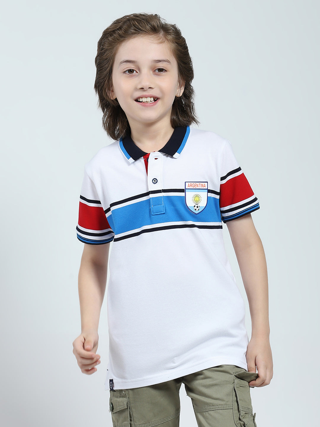 Boys White Stripe Collar Half Sleeve T-Shirt