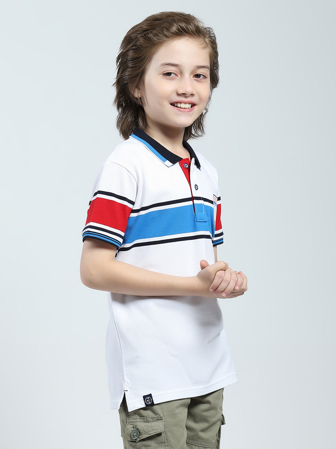 Boys White Stripe Collar Half Sleeve T-Shirt
