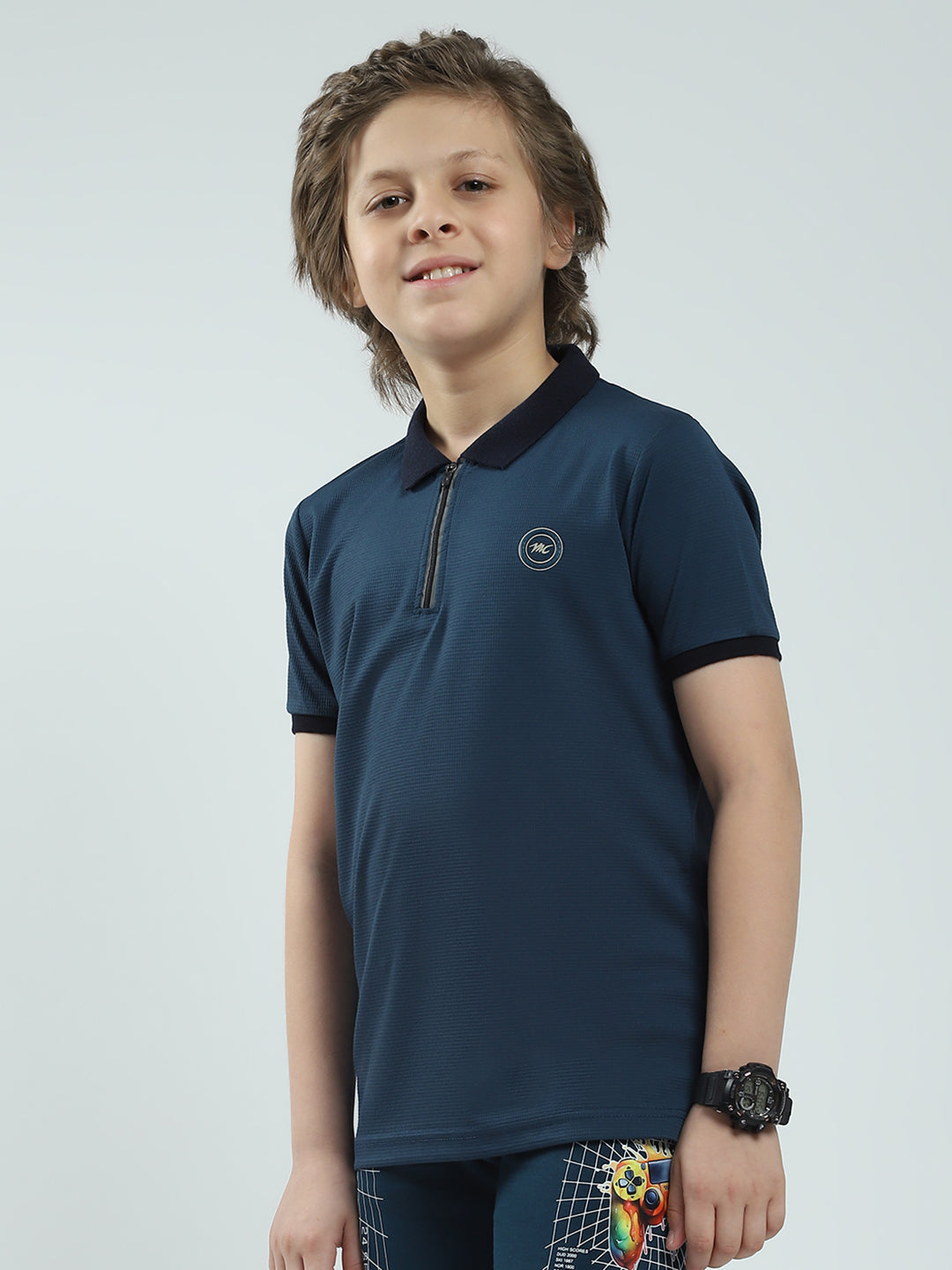 Boys Teal Blue Solid Collar Half Sleeve T-Shirt