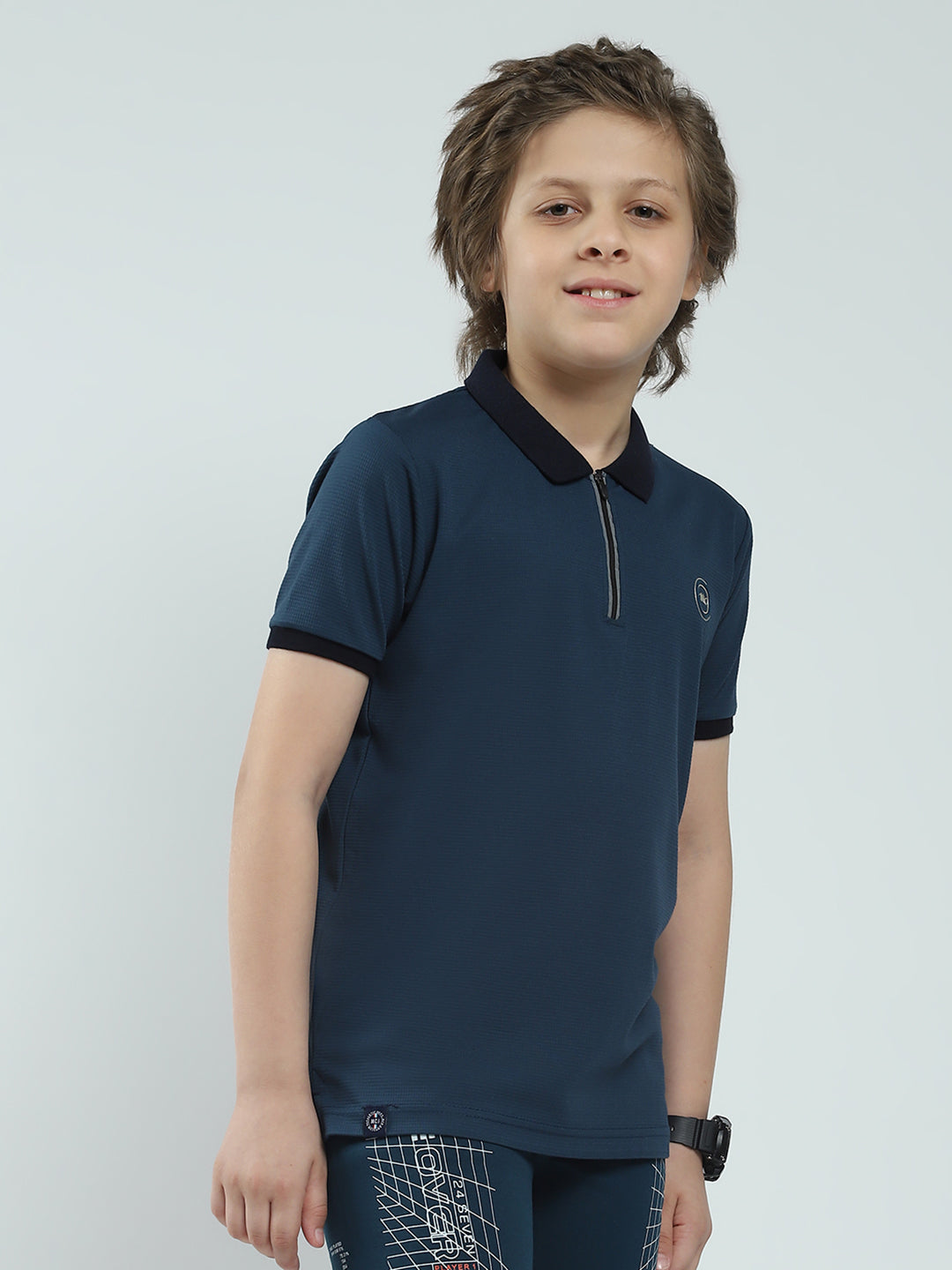 Boys Teal Blue Solid Collar Half Sleeve T-Shirt