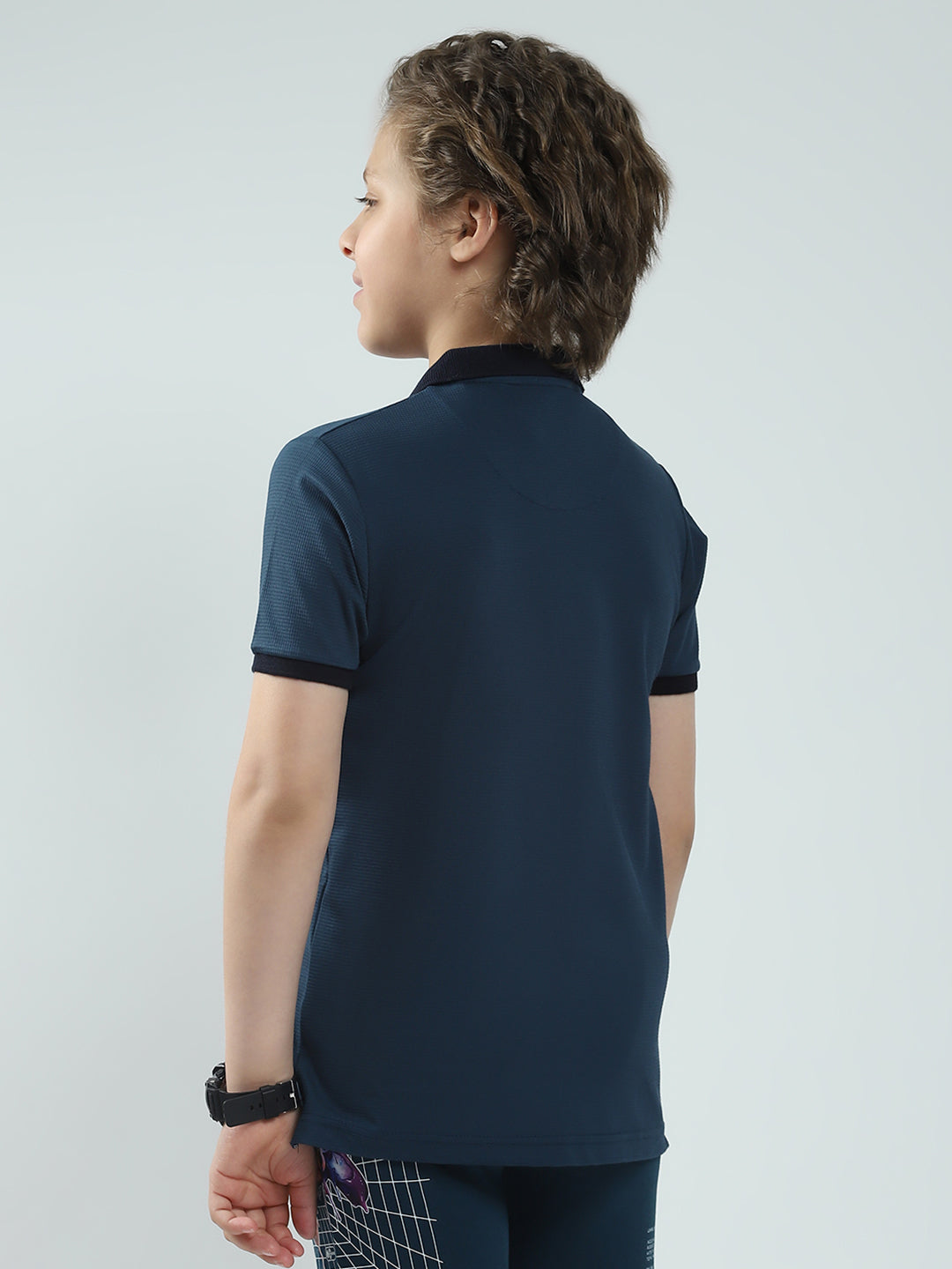Boys Teal Blue Solid Collar Half Sleeve T-Shirt