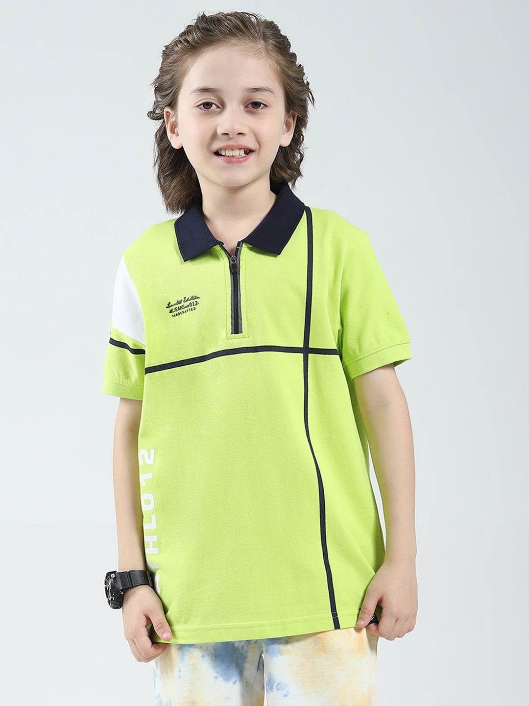 Boys Green Solid Collar Half Sleeve T-Shirt