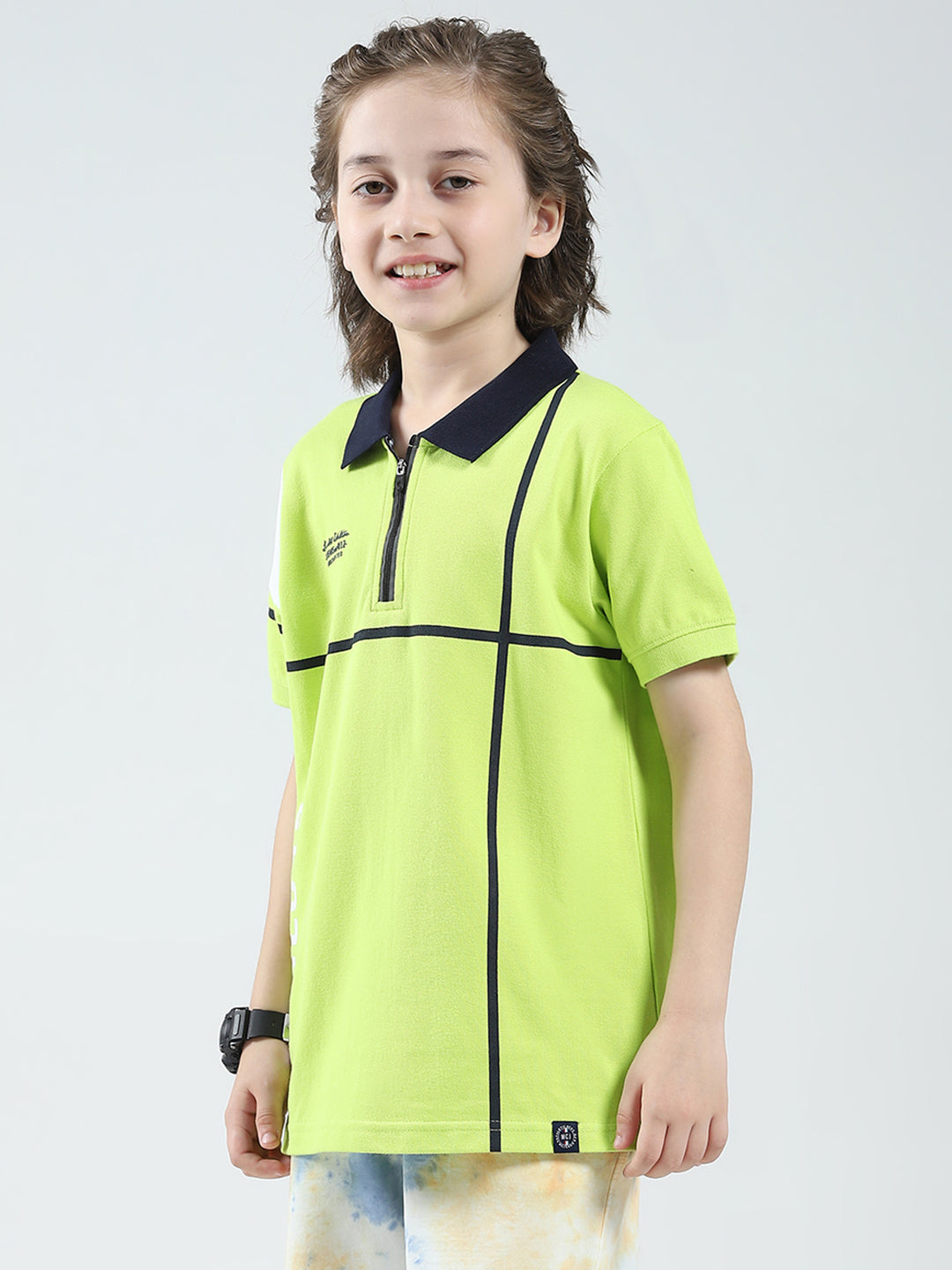Boys Green Solid Collar Half Sleeve T-Shirt