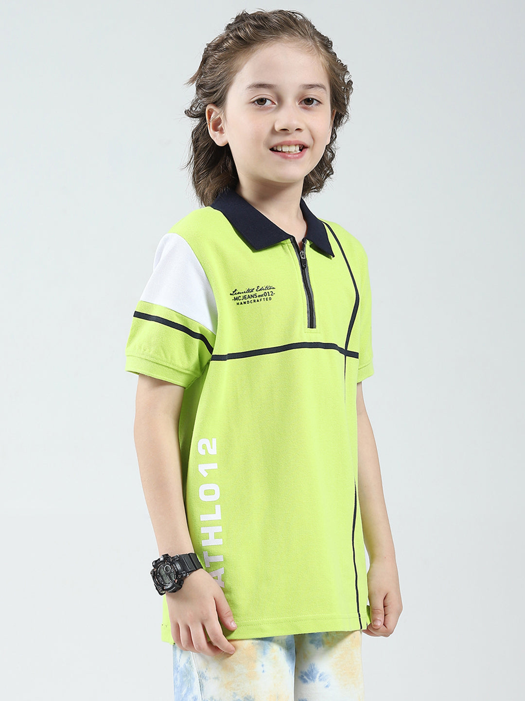 Boys Green Solid Collar Half Sleeve T-Shirt