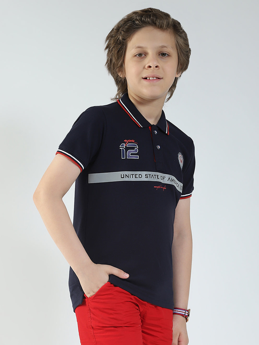 Boys Navy Blue Printed Collar Half Sleeve T-Shirt