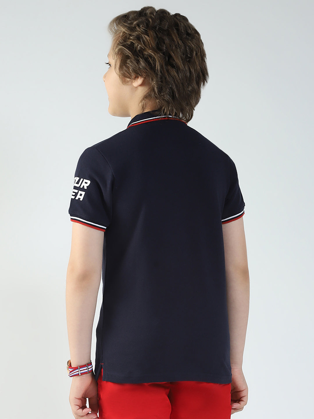 Boys Navy Blue Printed Collar Half Sleeve T-Shirt