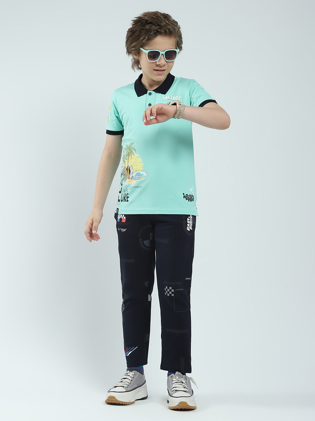 Boys Green Printed Collar Half Sleeve T-Shirt