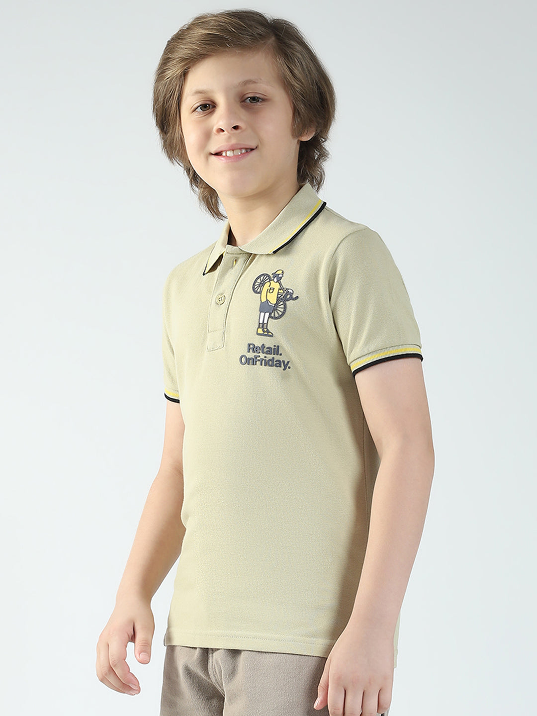 Boys Beige Printed Collar Half Sleeve T-Shirt
