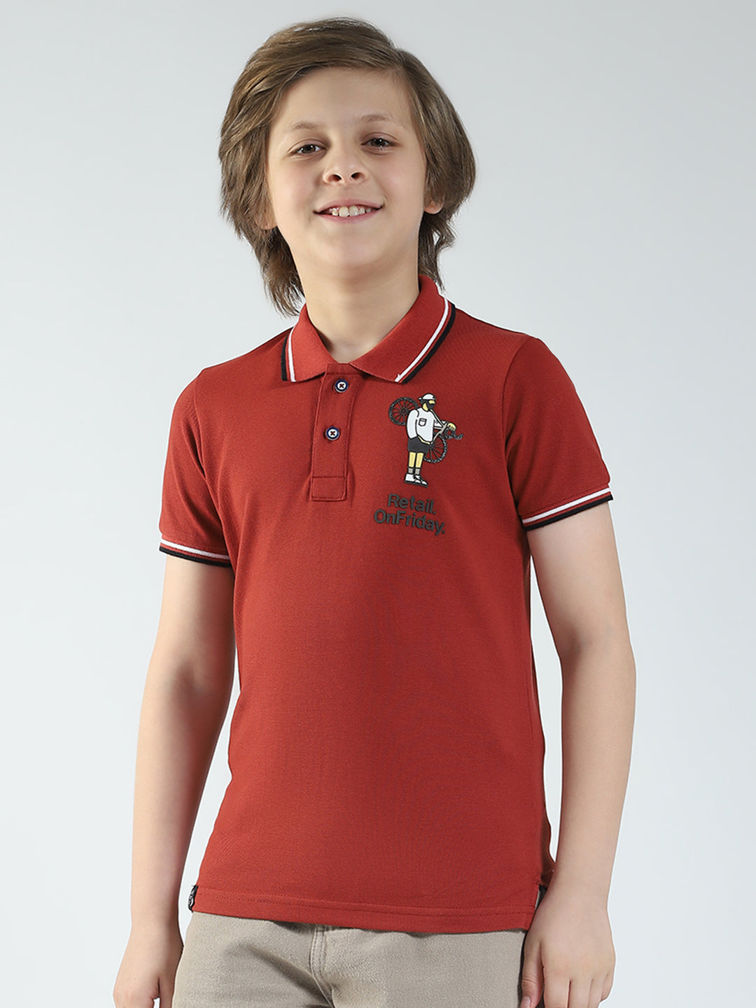 Boys Maroon Printed Collar Half Sleeve T-Shirt