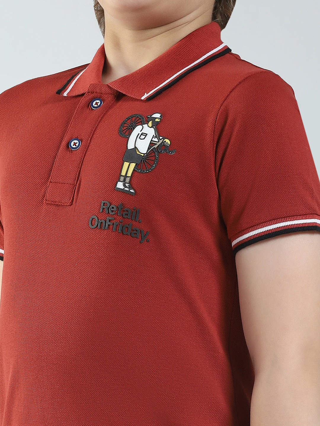 Boys Maroon Printed Collar Half Sleeve T-Shirt