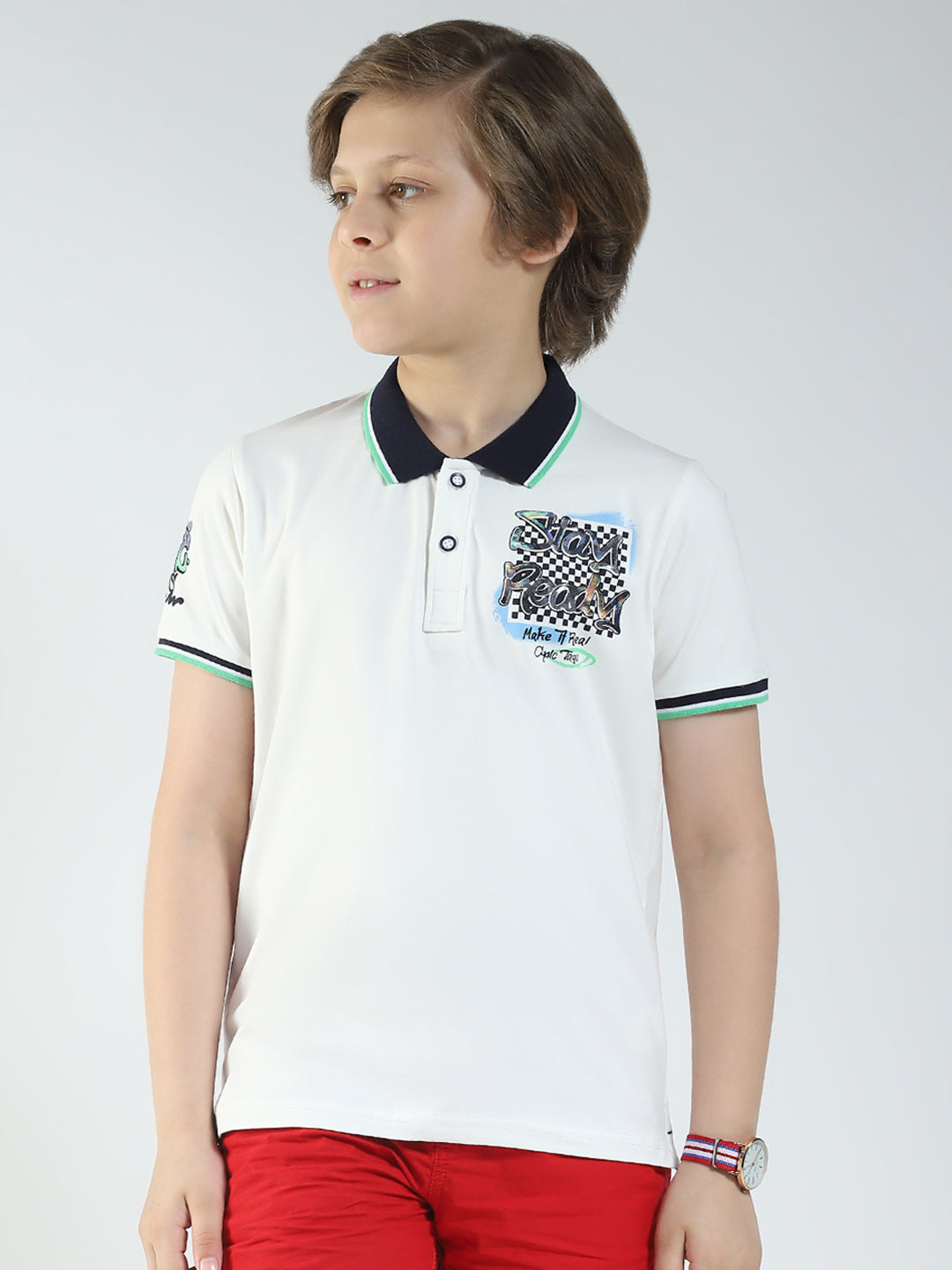 Boys Off White Printed Collar Half Sleeve T-Shirt