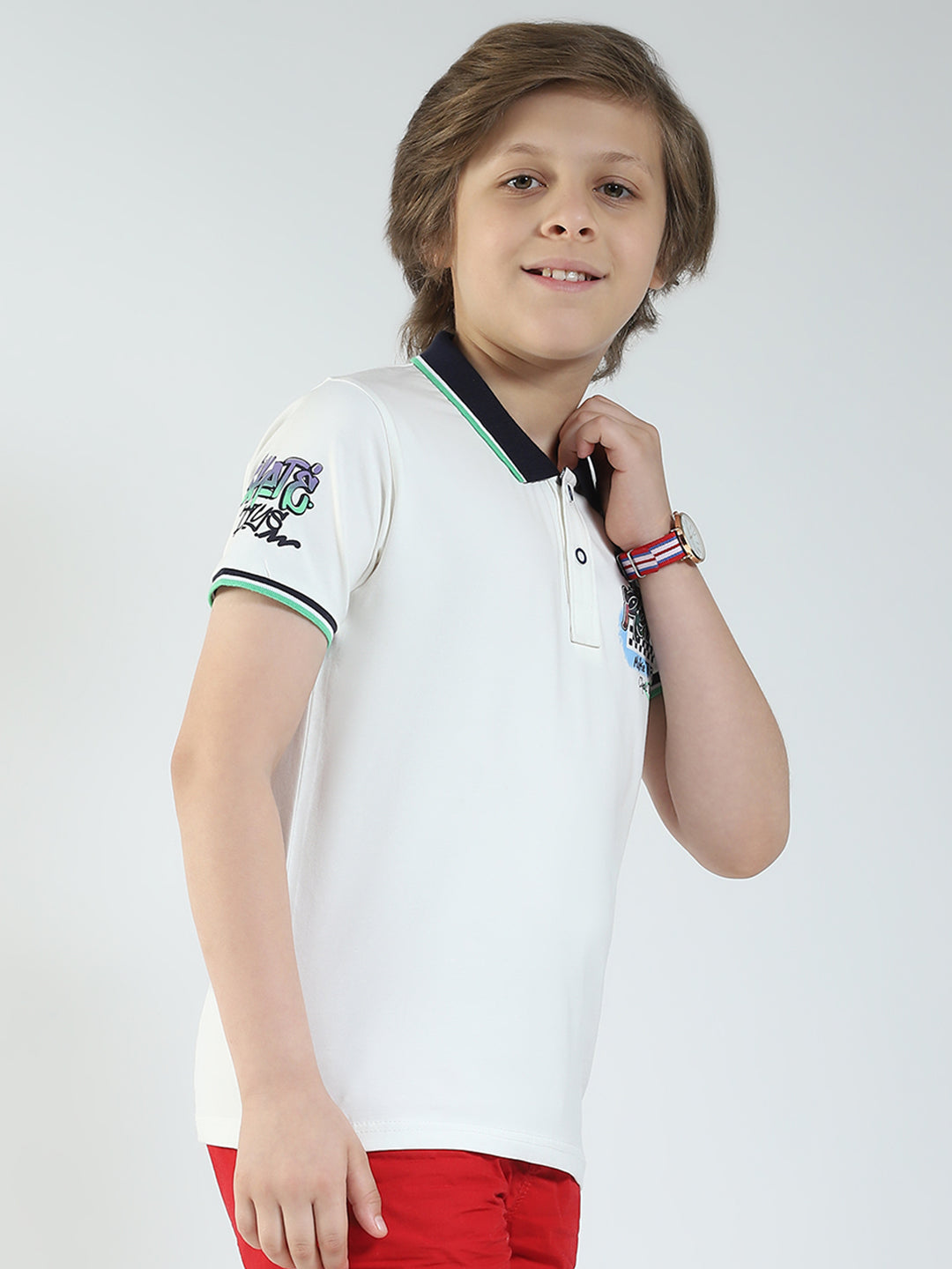 Boys Off White Printed Collar Half Sleeve T-Shirt