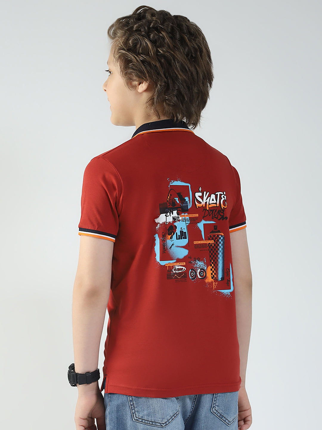 Boys Maroon Printed Collar Half Sleeve T-Shirt