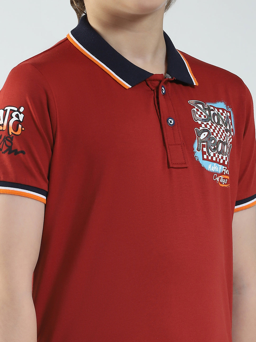 Boys Maroon Printed Collar Half Sleeve T-Shirt