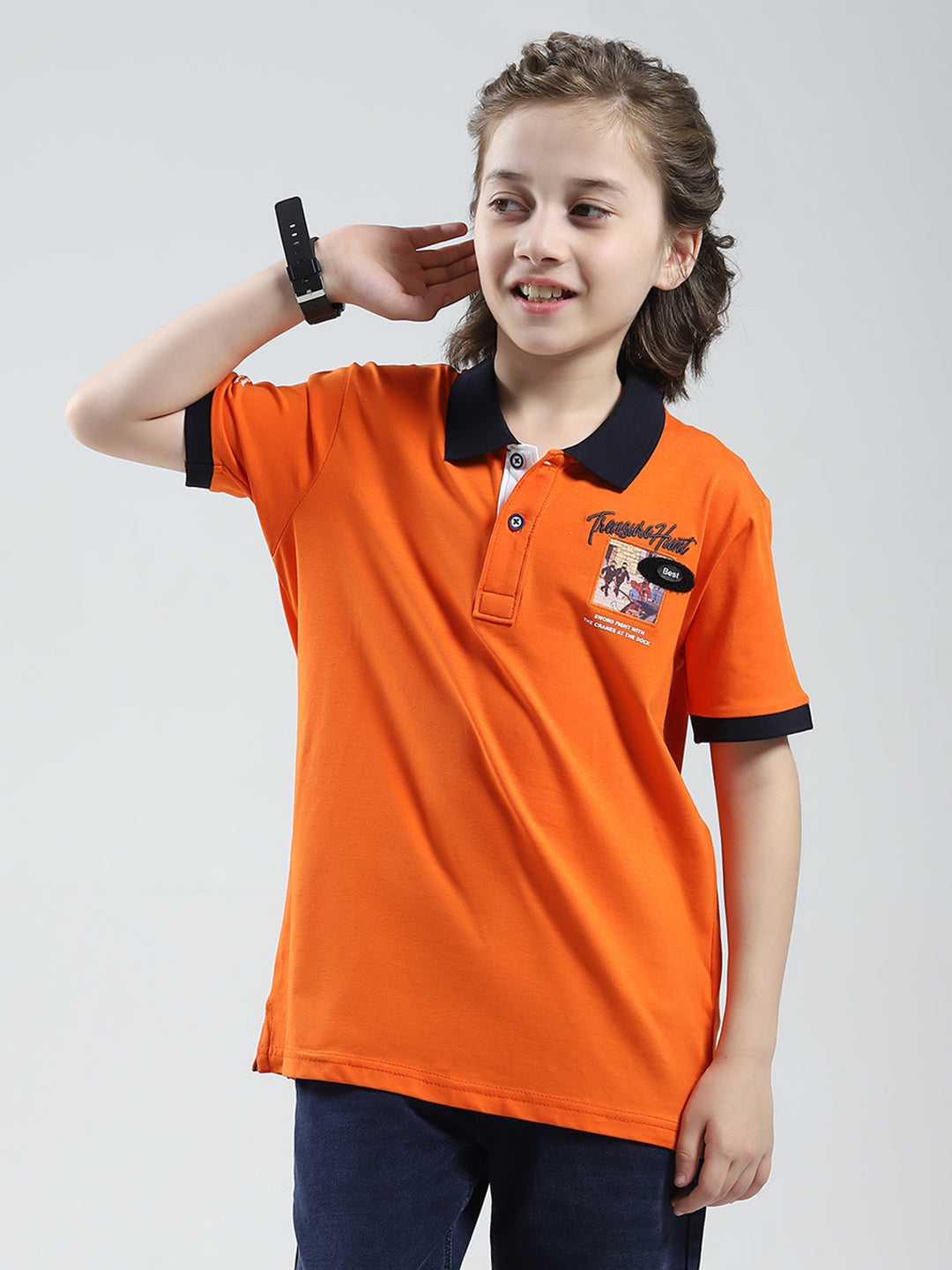Boys Orange Printed Collar Half Sleeve T-Shirt