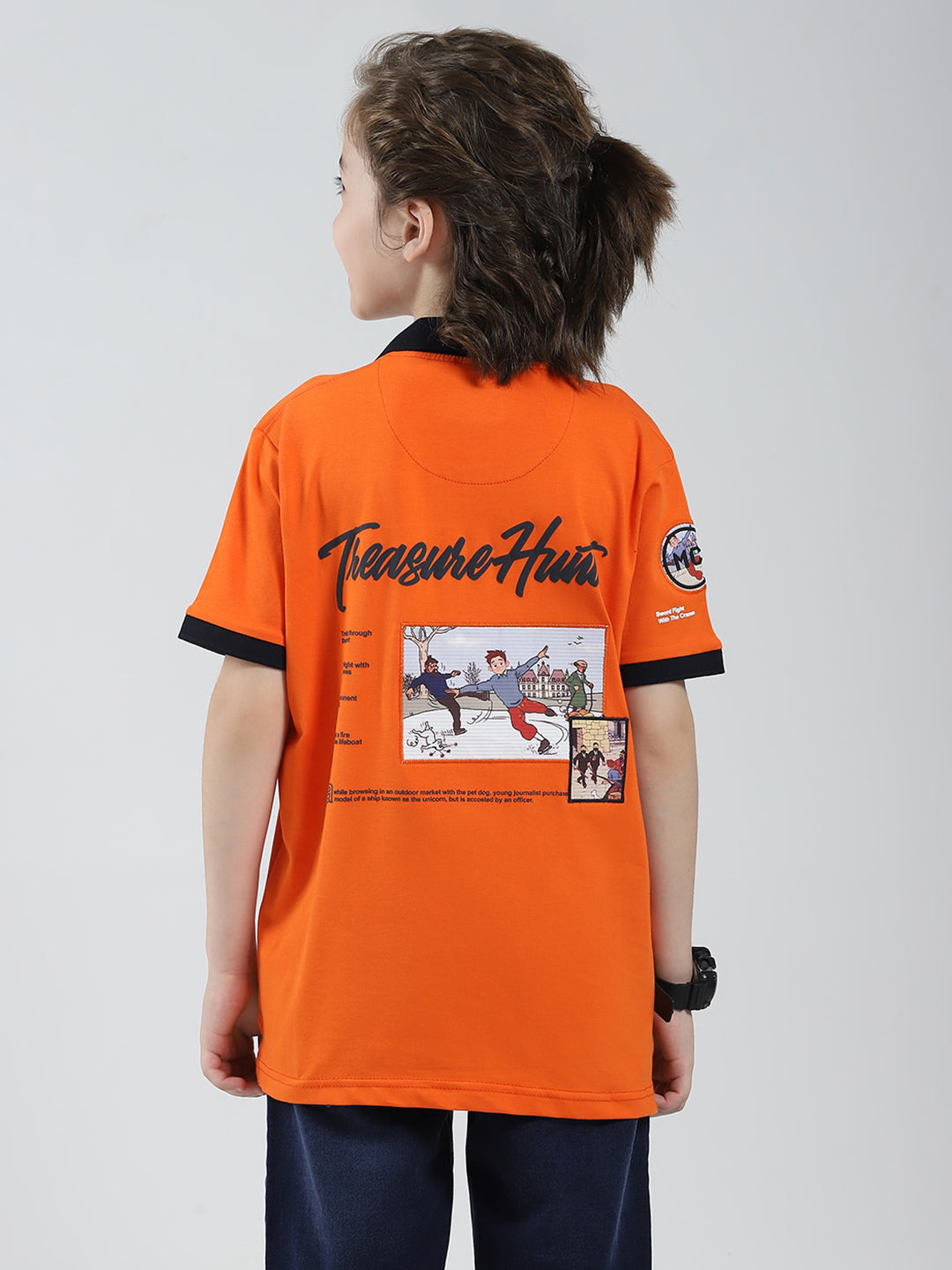 Boys Orange Printed Collar Half Sleeve T-Shirt