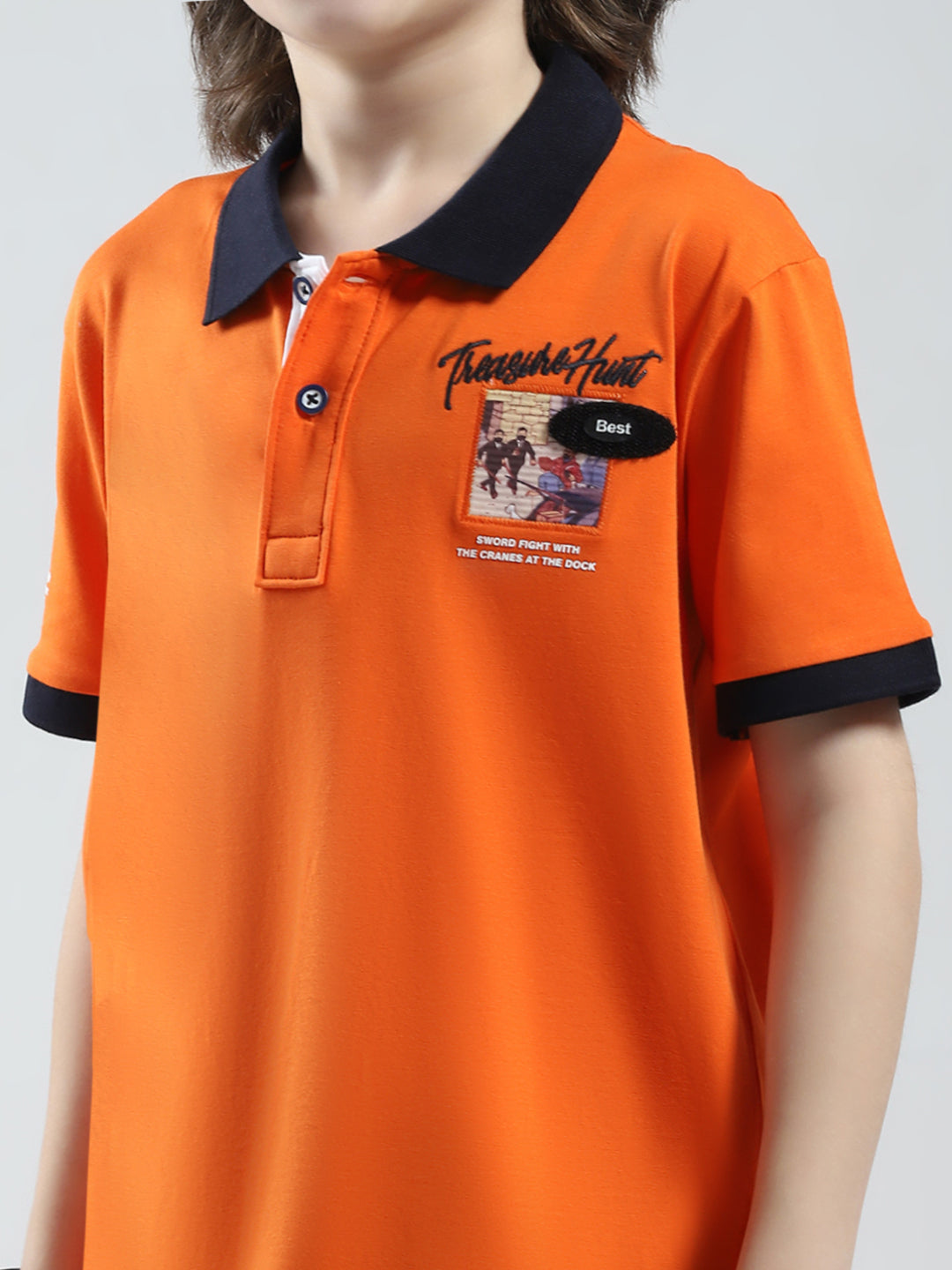Boys Orange Printed Collar Half Sleeve T-Shirt