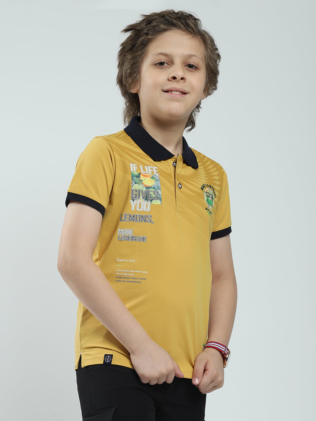 Boys Mustard Printed Collar Half Sleeve T-Shirt