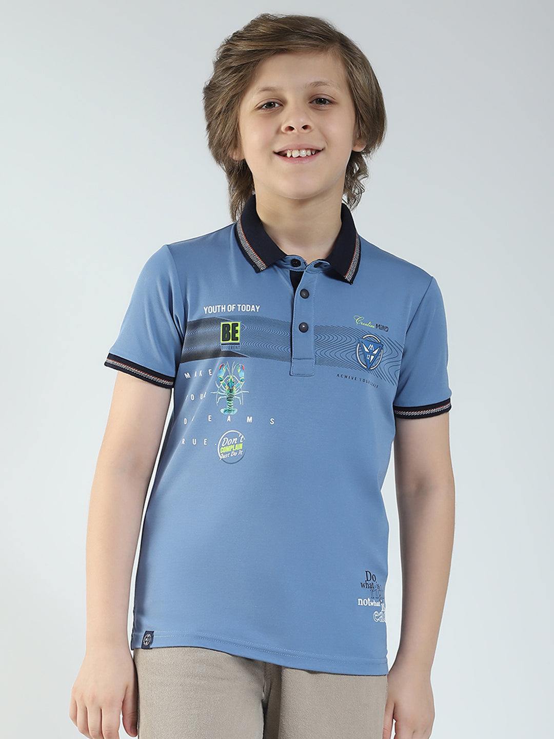 Boys Blue Printed Collar Half Sleeve T-Shirt