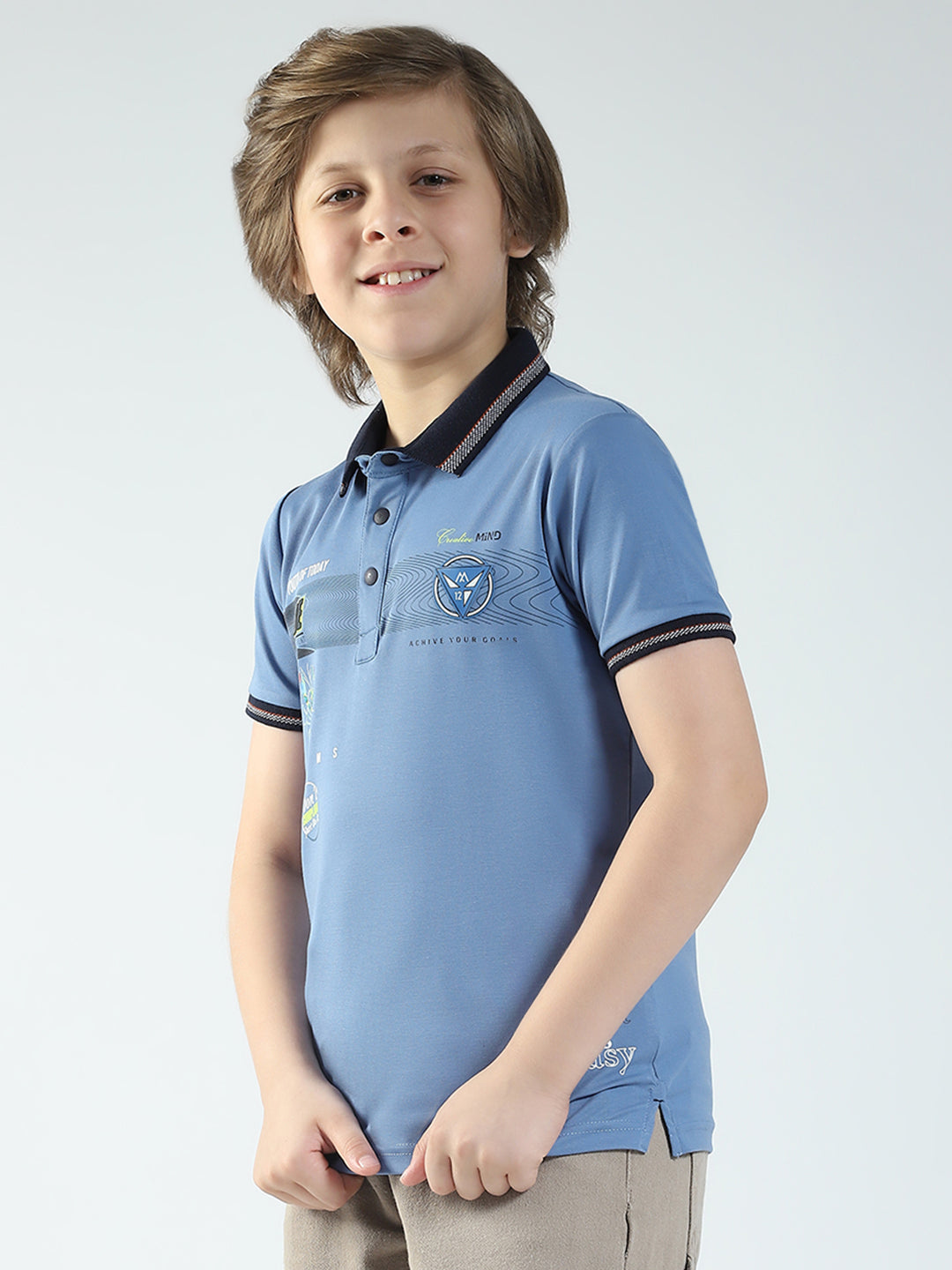 Boys Blue Printed Collar Half Sleeve T-Shirt