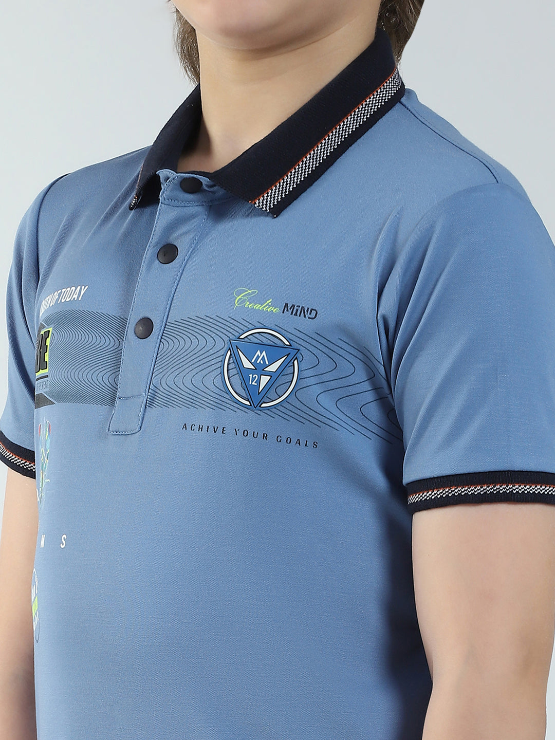 Boys Blue Printed Collar Half Sleeve T-Shirt