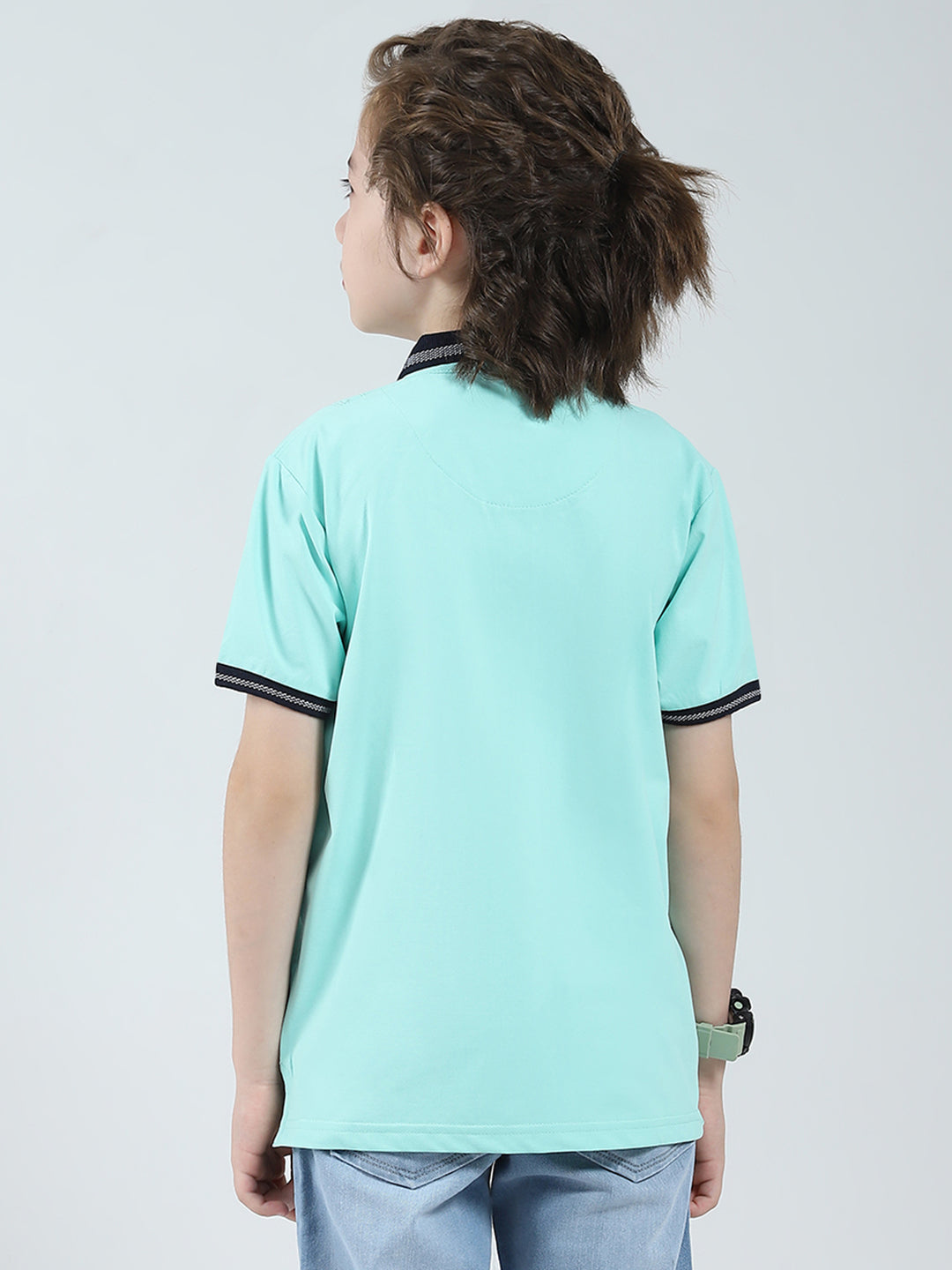 Boys Green Printed Collar Half Sleeve T-Shirt