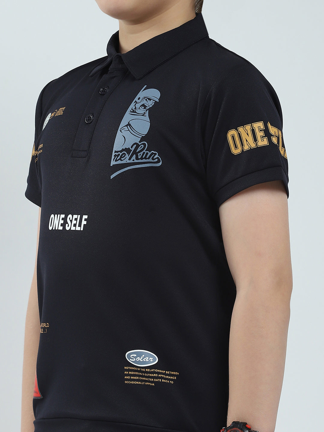 Boys Navy Blue Printed Collar Half Sleeve T-Shirt