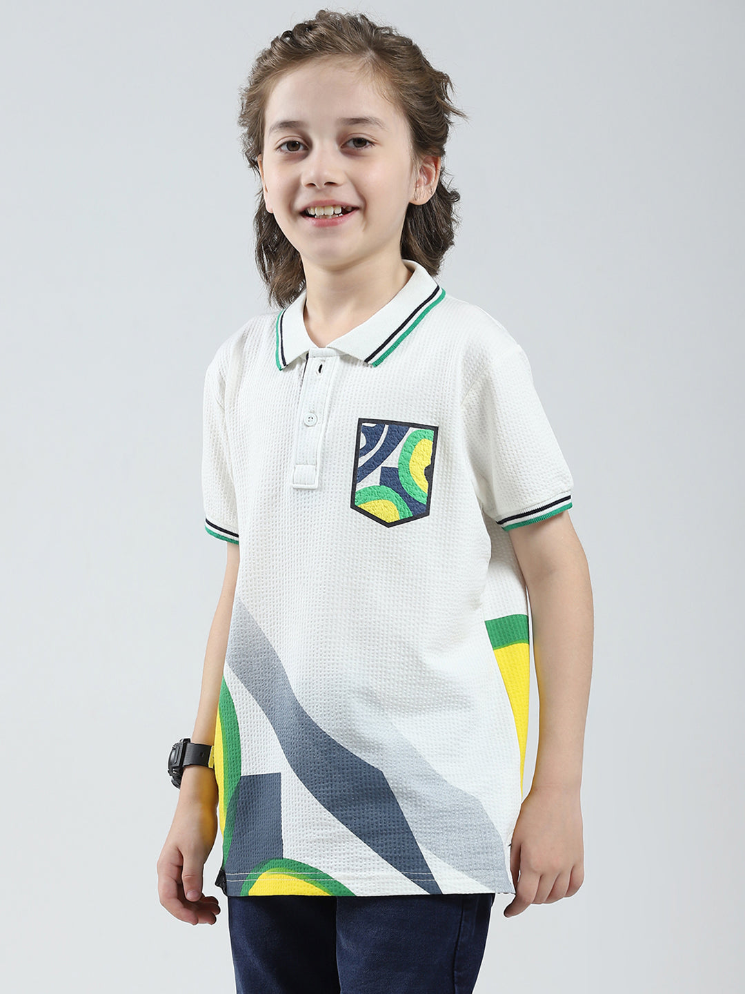 Boys White Printed Collar Half Sleeve T-Shirt