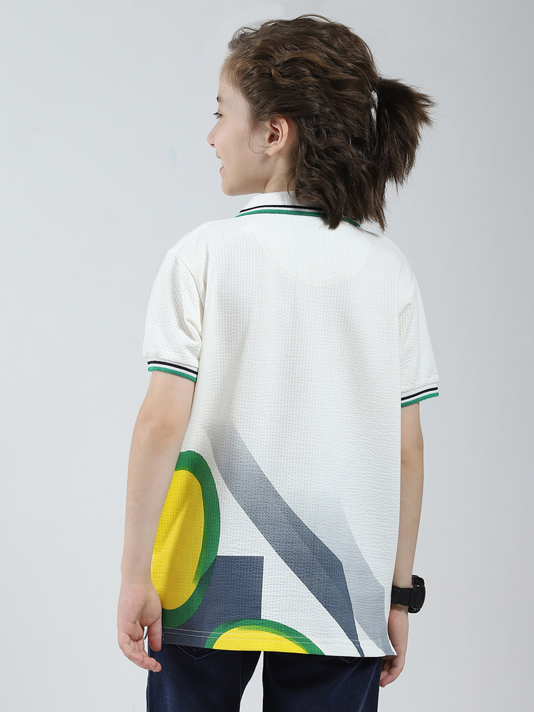 Boys White Printed Collar Half Sleeve T-Shirt