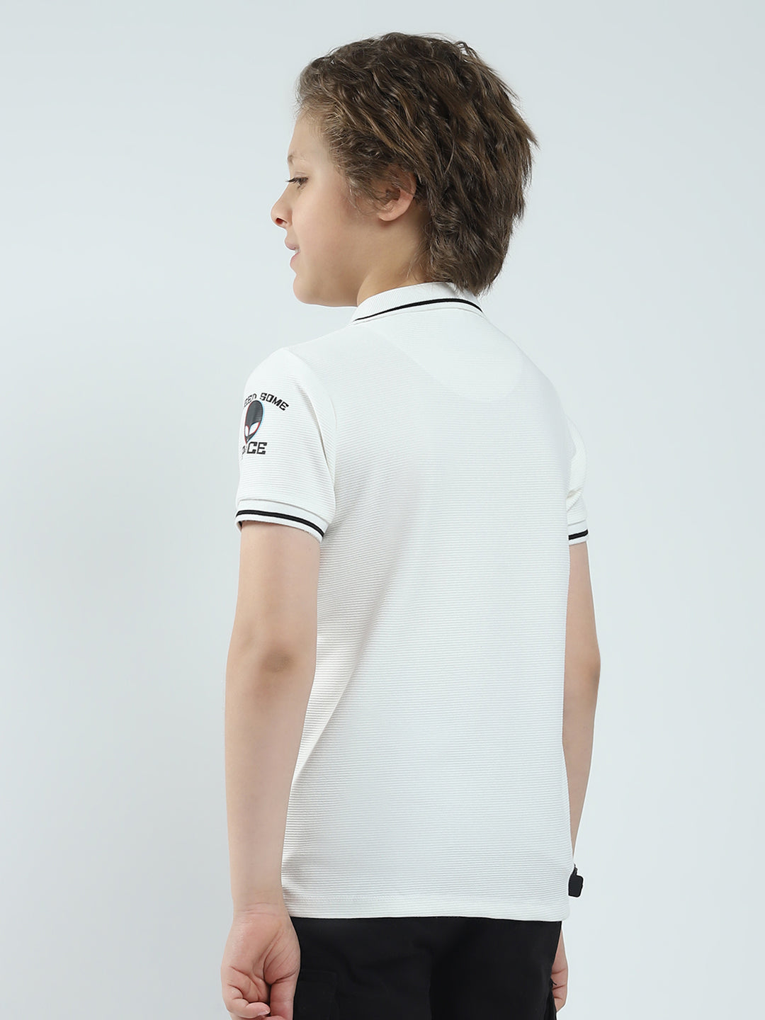 Boys White Printed Collar Half Sleeve T-Shirt