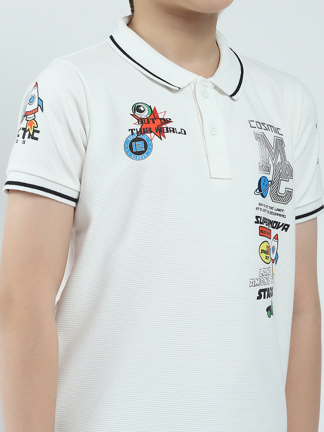 Boys White Printed Collar Half Sleeve T-Shirt