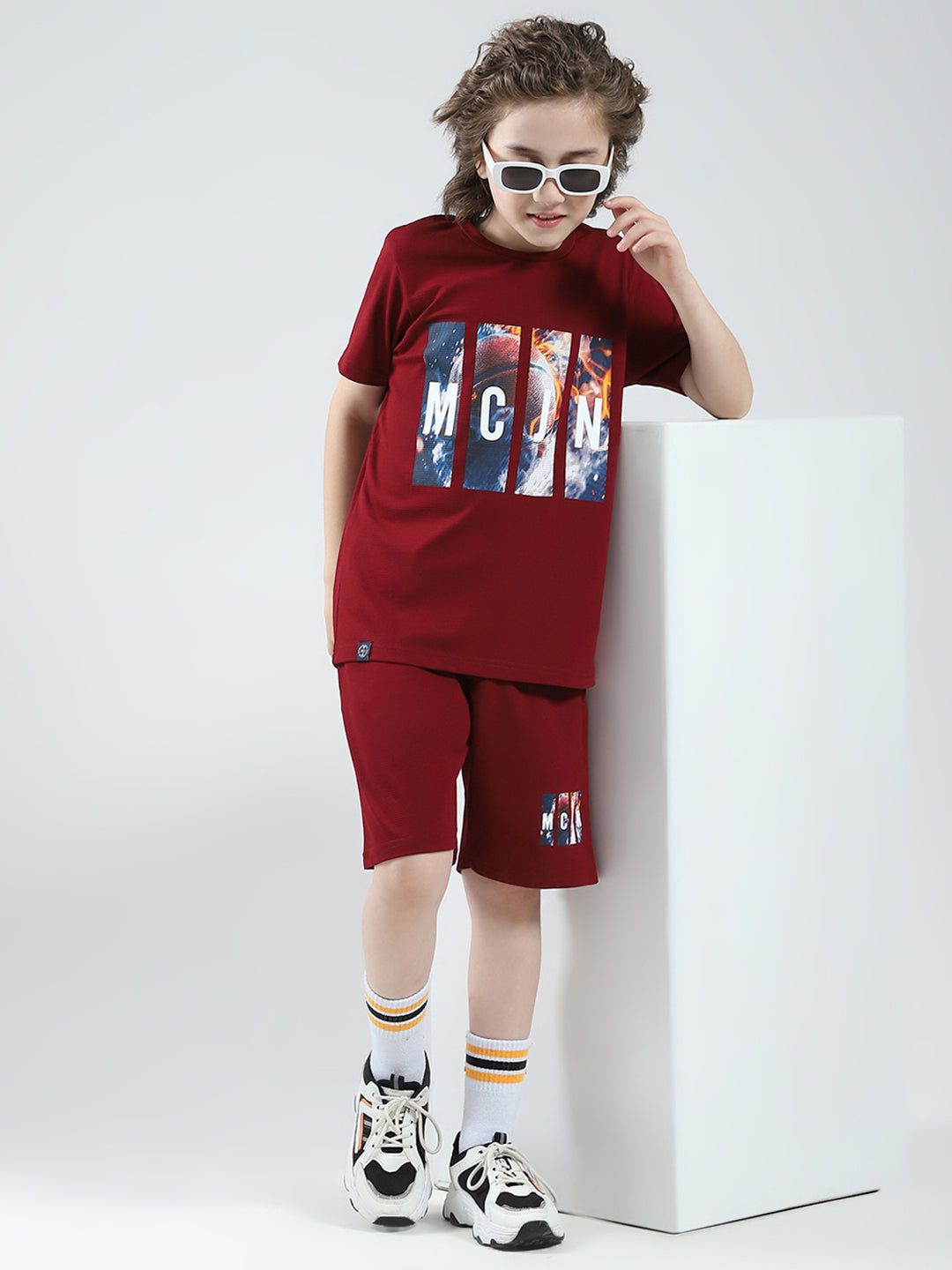 Boys Maroon Printed Round Neck Half Sleeve Bermuda Set