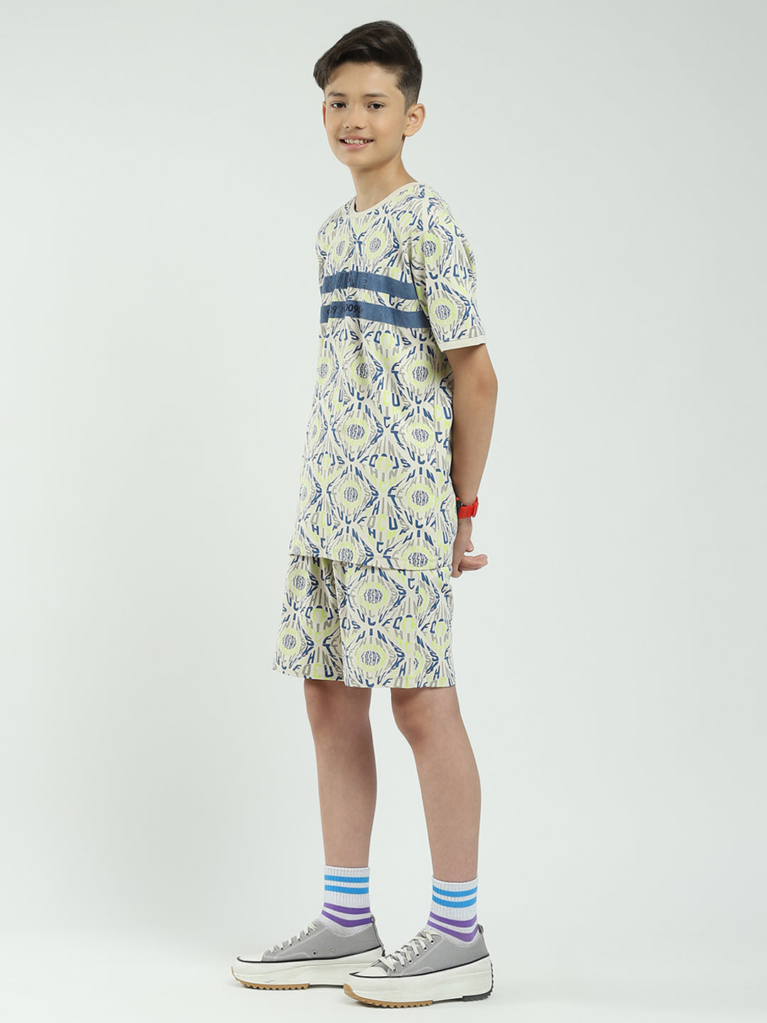 Boys Beige Printed Round Neck Half Sleeve Bermuda Set