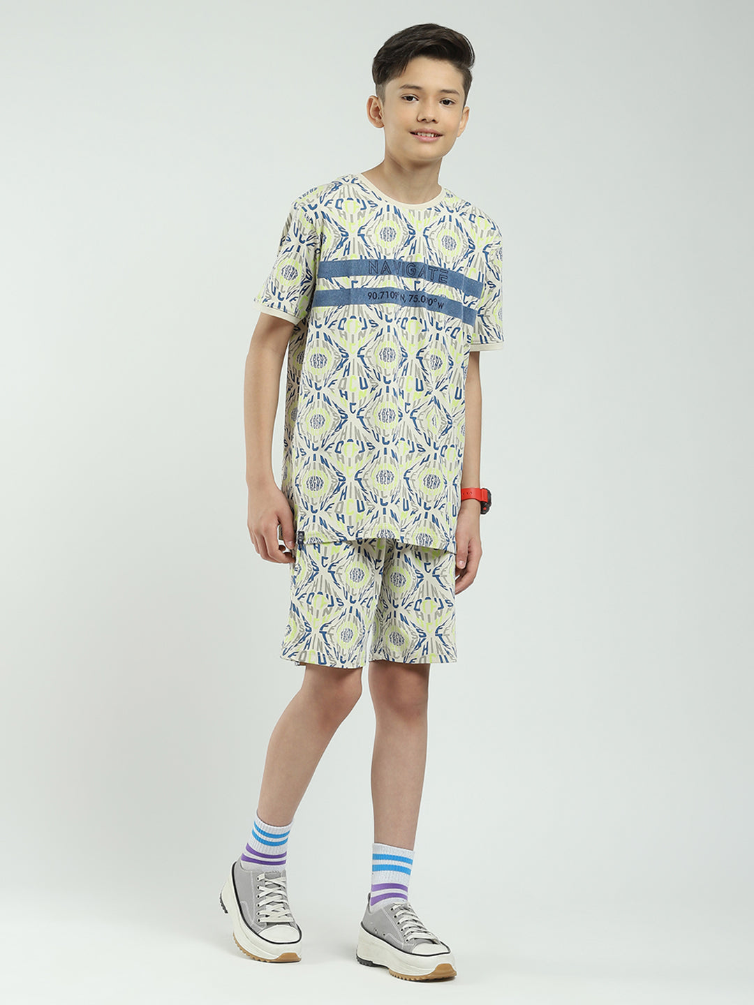 Boys Beige Printed Round Neck Half Sleeve Bermuda Set