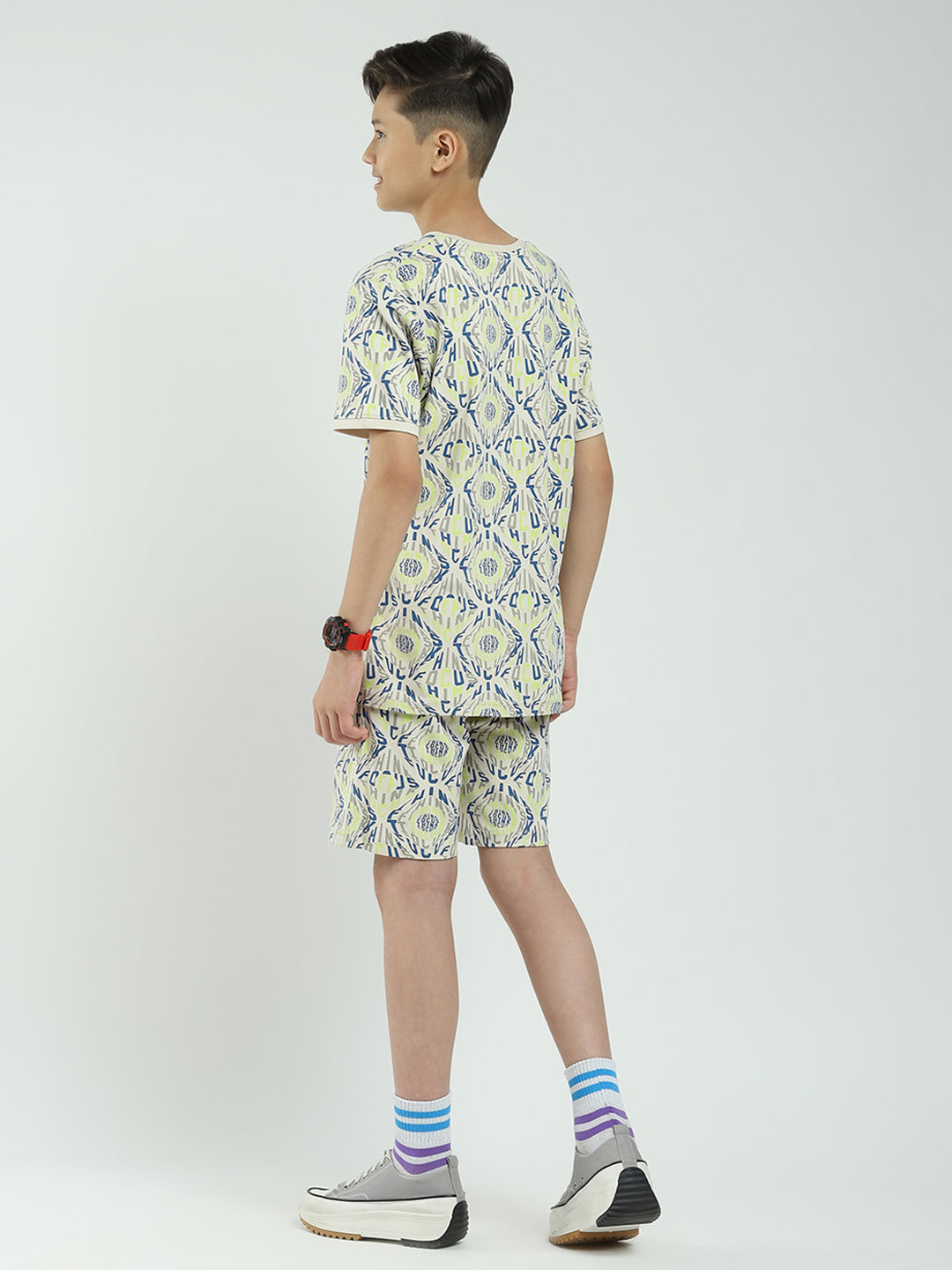 Boys Beige Printed Round Neck Half Sleeve Bermuda Set