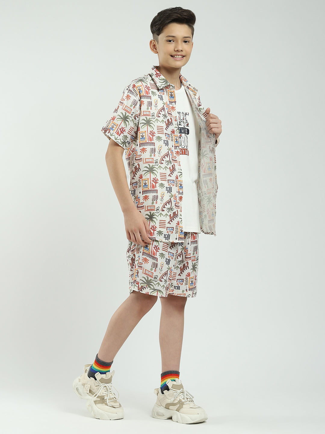 Boys White Printed Collar Half Sleeve Cords Set