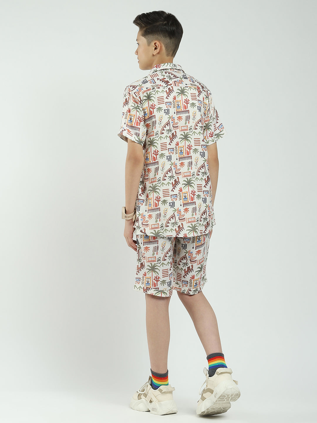 Boys White Printed Collar Half Sleeve Cords Set