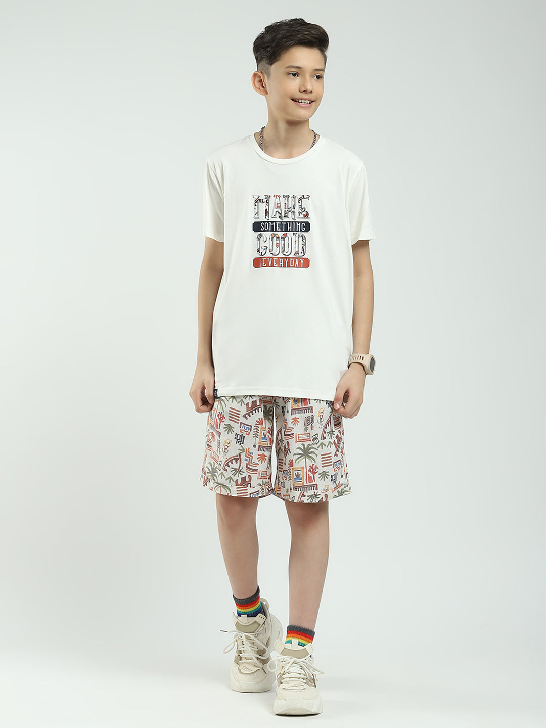 Boys White Printed Collar Half Sleeve Cords Set