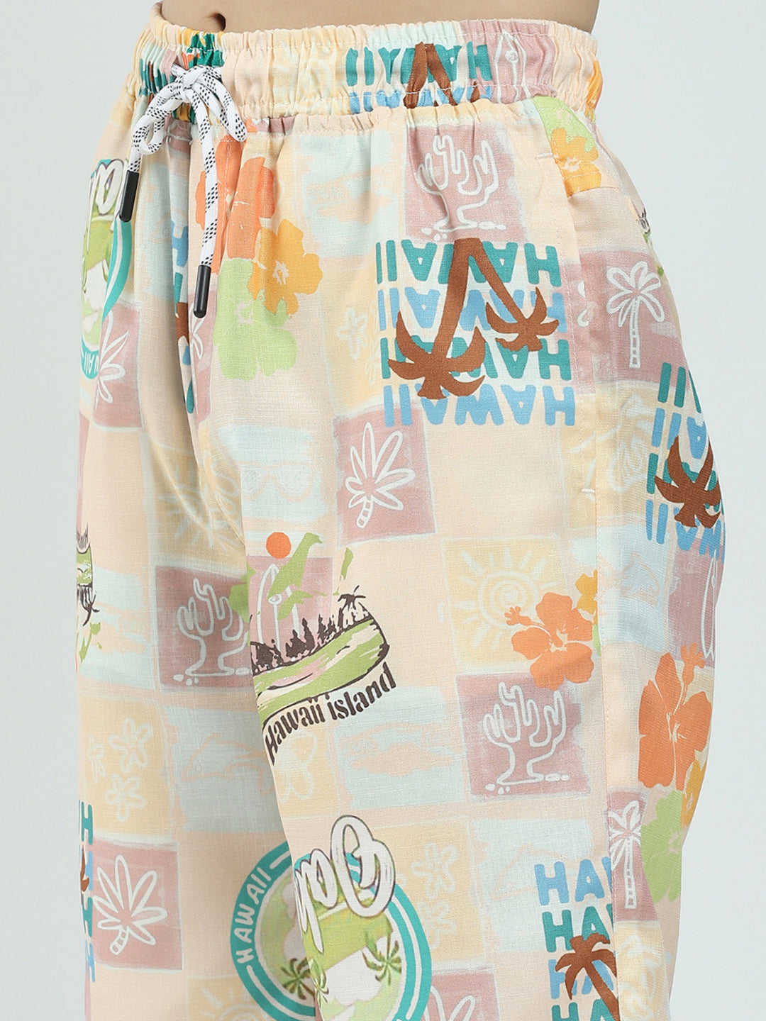 Boys Peach Printed Collar Half Sleeve Cords Set