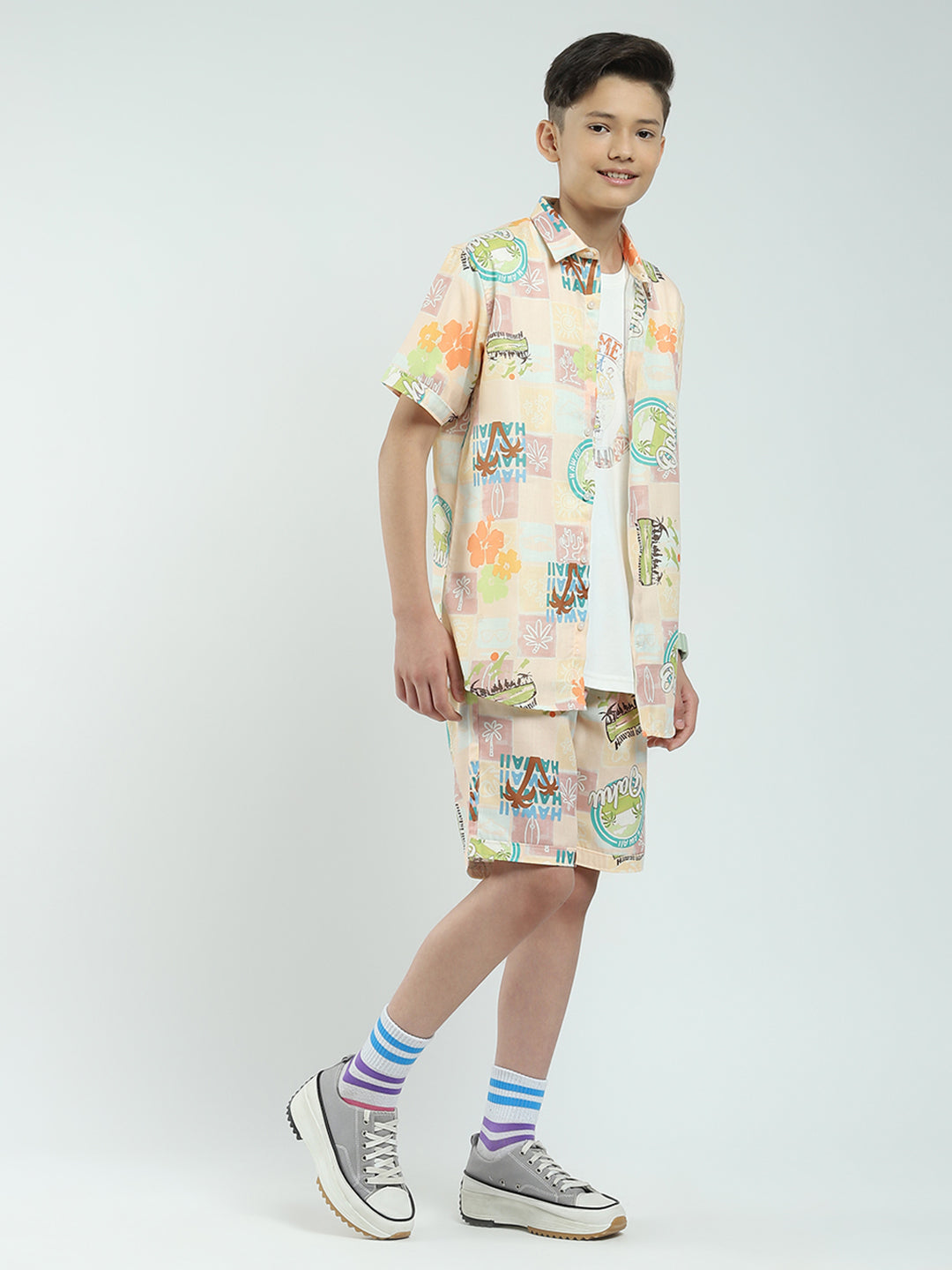 Boys Peach Printed Collar Half Sleeve Cords Set