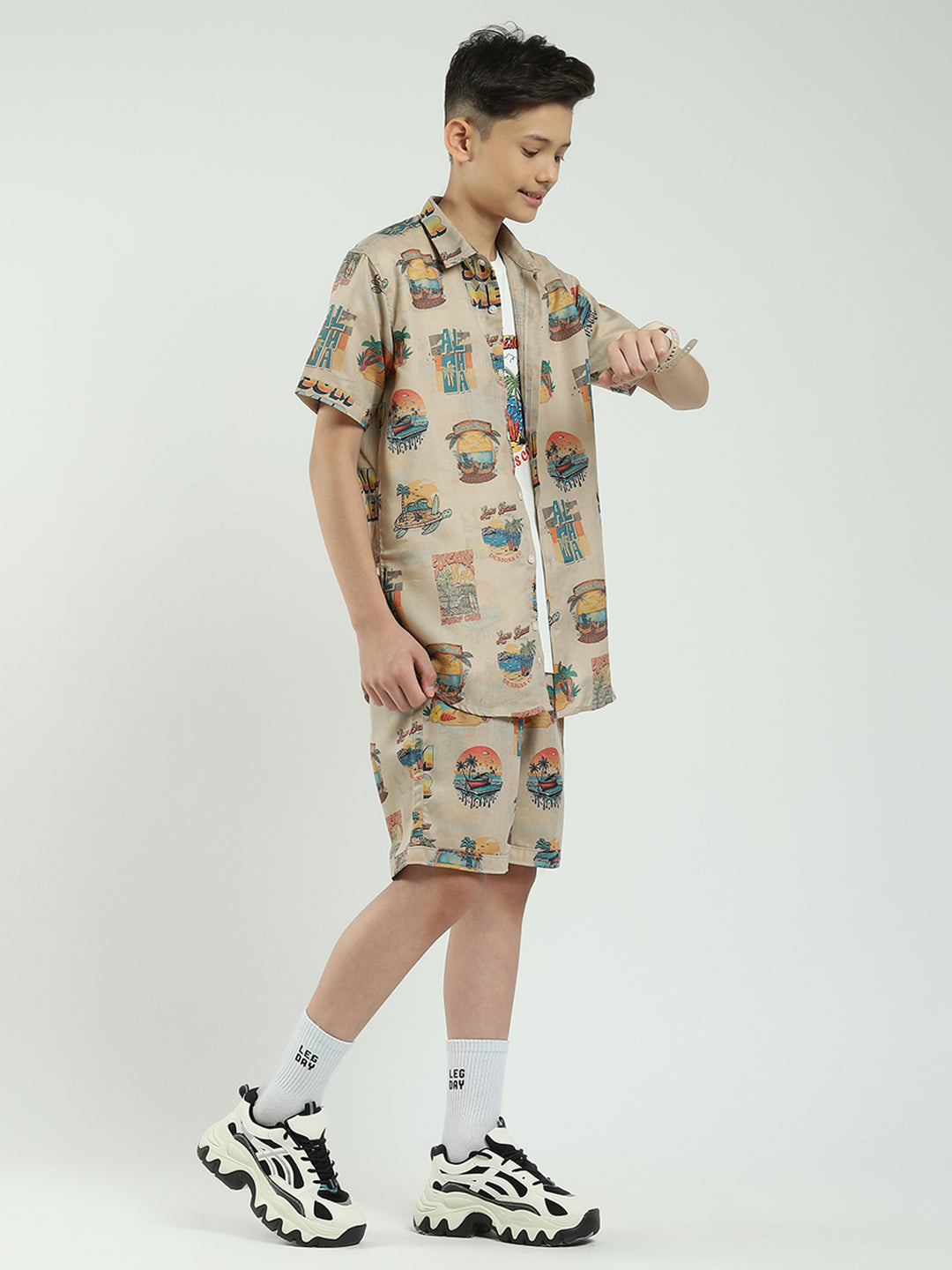 Boys Beige Printed Collar Half Sleeve Cords Set